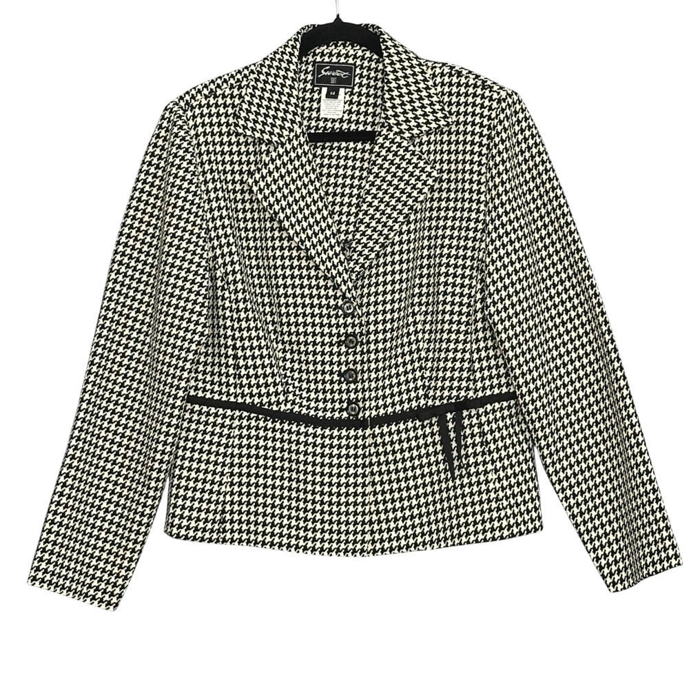 VTG Sweet Suit Women Jacket 14 Black White Houndstooth Bow Retro Office Academia